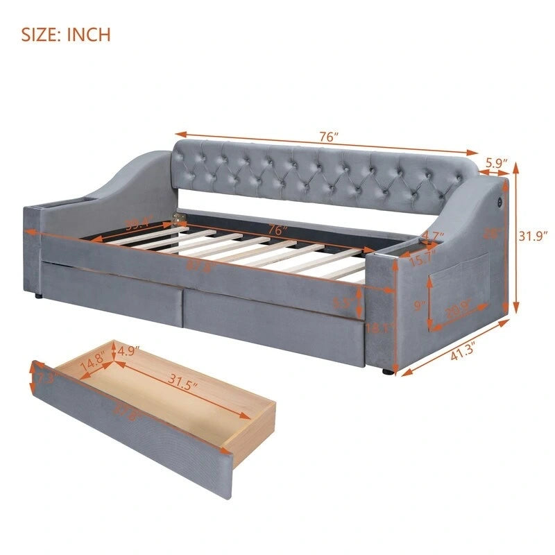 Upholstered Daybed with 2 Storage Drawers, Twin Size Daybed Frame with Storage Armrests and USB Port, Sofa Bed Frame for Bedroom