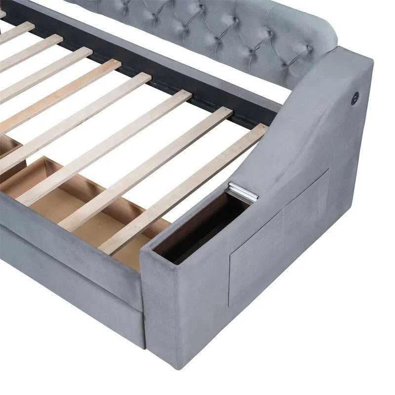 Upholstered Daybed with 2 Storage Drawers, Twin Size Daybed Frame with Storage Armrests and USB Port, Sofa Bed Frame for Bedroom