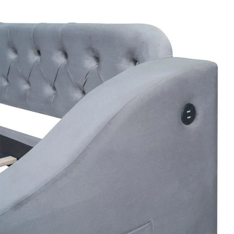 Upholstered Daybed with 2 Storage Drawers, Twin Size Daybed Frame with Storage Armrests and USB Port, Sofa Bed Frame for Bedroom