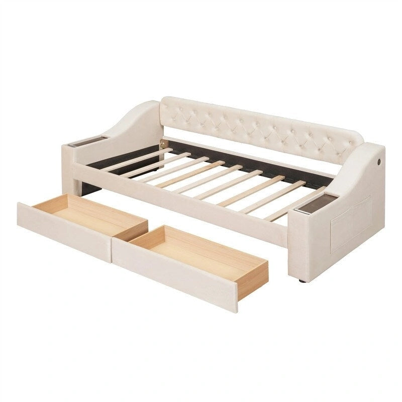 Upholstered Daybed with 2 Storage Drawers, Twin Size Daybed Frame with Storage Armrests and USB Port, Sofa Bed Frame for Bedroom