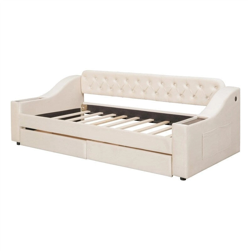 Upholstered Daybed with 2 Storage Drawers, Twin Size Daybed Frame with Storage Armrests and USB Port, Sofa Bed Frame for Bedroom