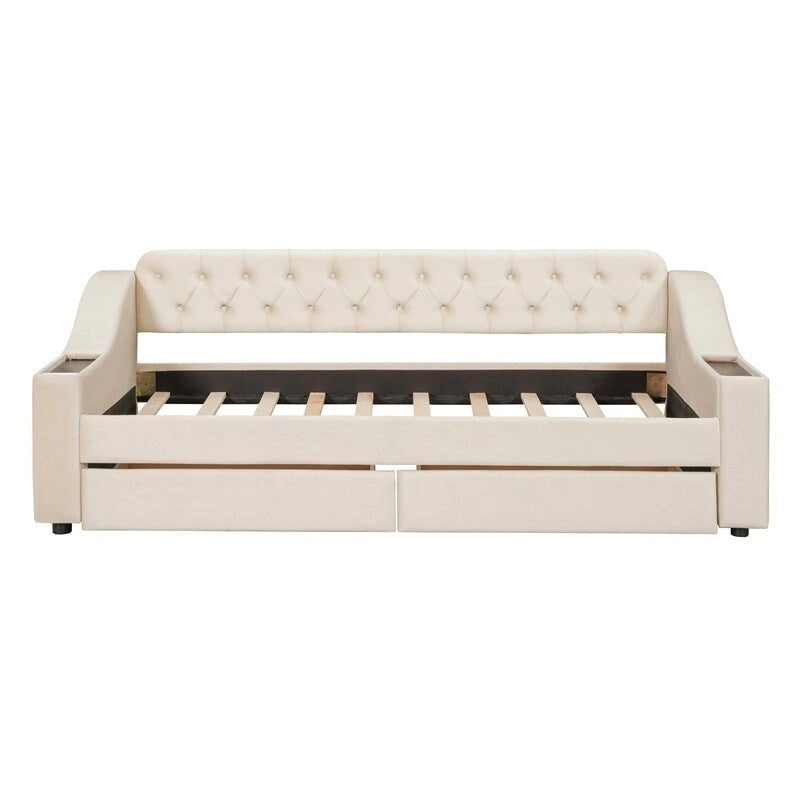 Upholstered Daybed with 2 Storage Drawers, Twin Size Daybed Frame with Storage Armrests and USB Port, Sofa Bed Frame for Bedroom