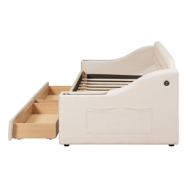 Upholstered Daybed with 2 Storage Drawers, Twin Size Daybed Frame with Storage Armrests and USB Port, Sofa Bed Frame for Bedroom