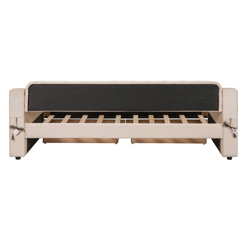 Upholstered Daybed with 2 Storage Drawers, Twin Size Daybed Frame with Storage Armrests and USB Port, Sofa Bed Frame for Bedroom