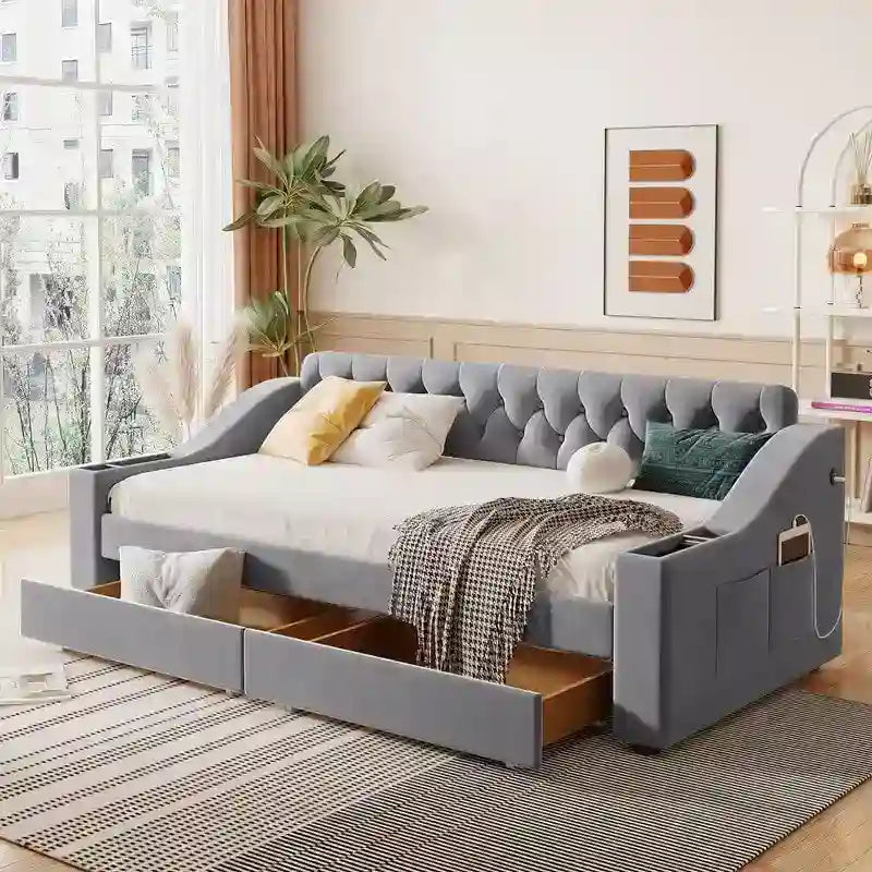 Upholstered Daybed with 2 Storage Drawers, Twin Size Daybed Frame with Storage Armrests and USB Port, Sofa Bed Frame for Bedroom