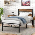Metal Bed Frame with Brown Wooden Headboard, No Box Spring Needed