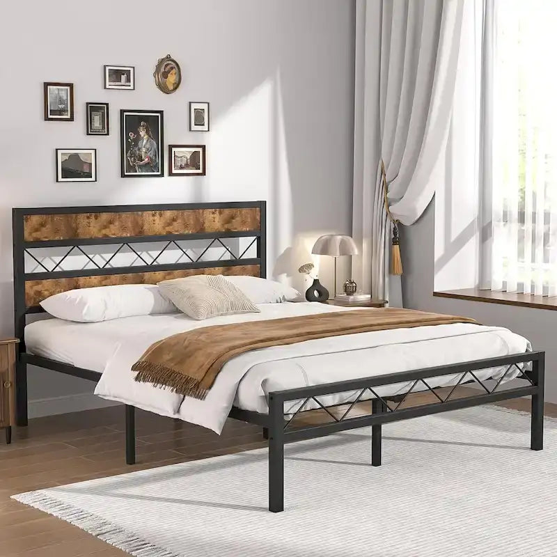 Metal Bed Frame with Brown Wooden Headboard, No Box Spring Needed
