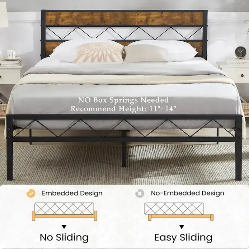Metal Bed Frame with Brown Wooden Headboard, No Box Spring Needed