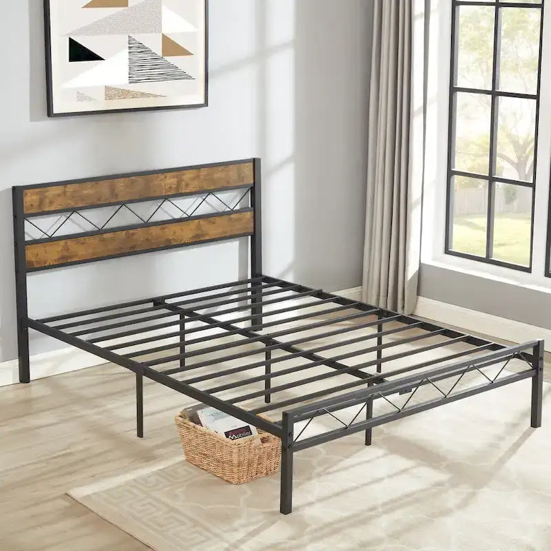 Metal Bed Frame with Brown Wooden Headboard, No Box Spring Needed