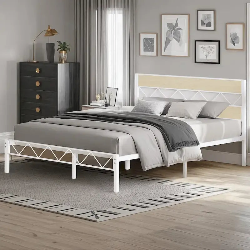 Metal Bed Frame with Brown Wooden Headboard, No Box Spring Needed