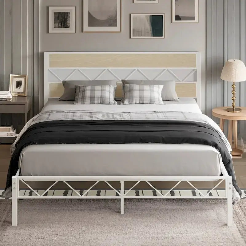 Metal Bed Frame with Brown Wooden Headboard, No Box Spring Needed