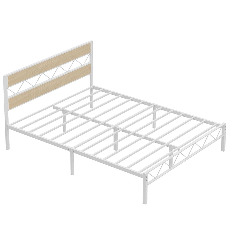 Metal Bed Frame with Brown Wooden Headboard, No Box Spring Needed
