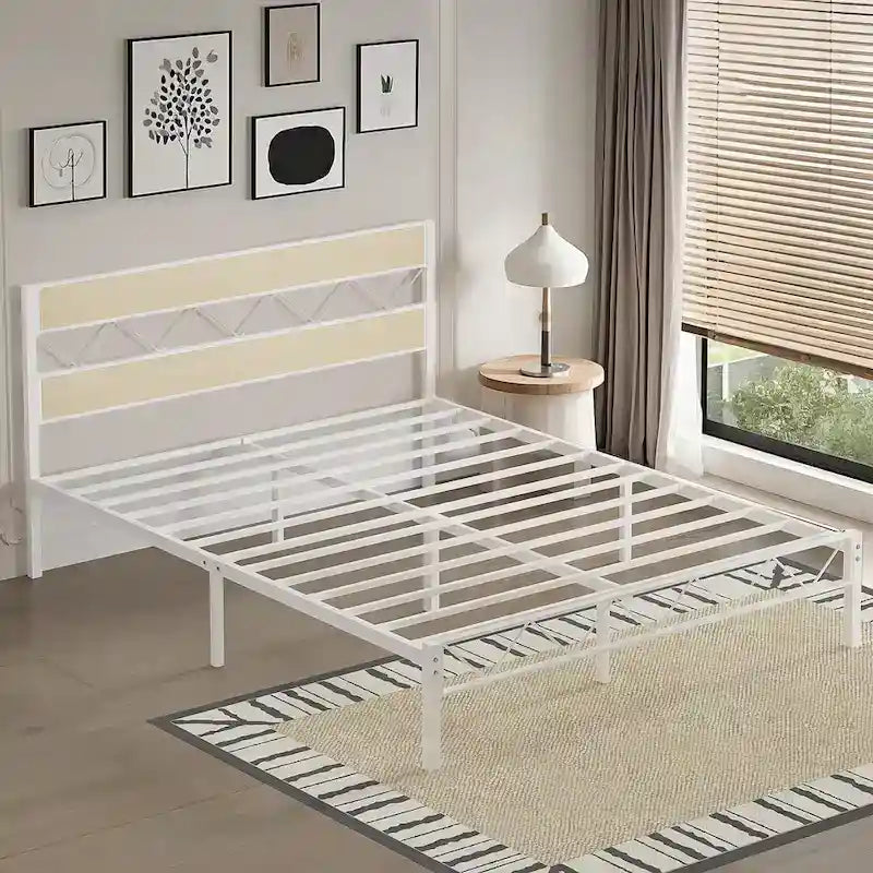 Metal Bed Frame with Brown Wooden Headboard, No Box Spring Needed