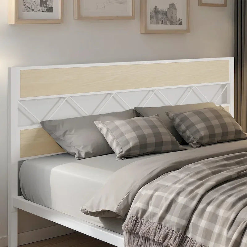 Metal Bed Frame with Brown Wooden Headboard, No Box Spring Needed