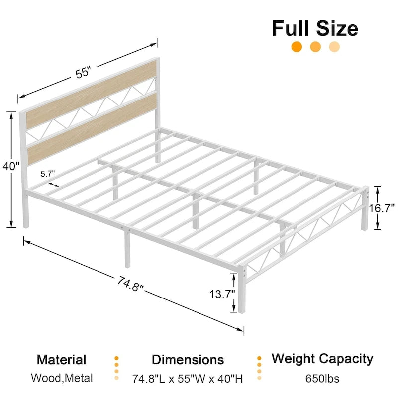 Metal Bed Frame with Brown Wooden Headboard, No Box Spring Needed