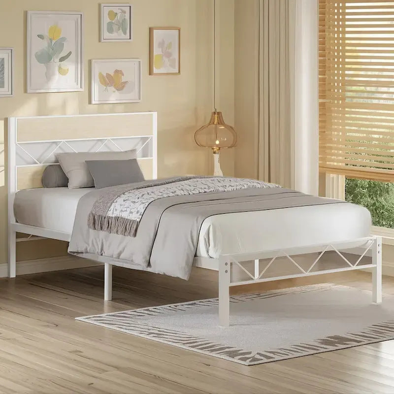 Metal Bed Frame with Brown Wooden Headboard, No Box Spring Needed