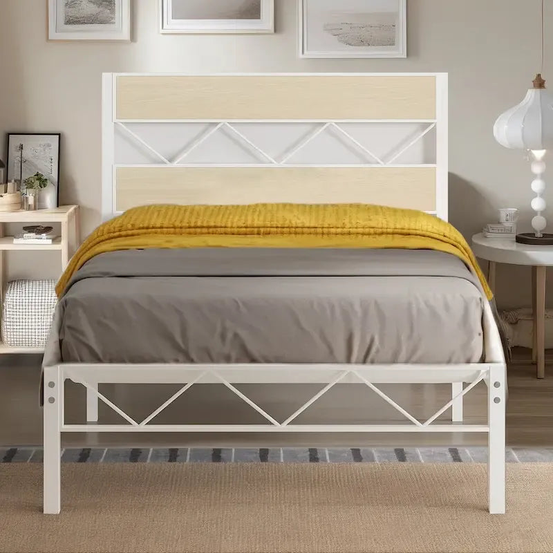 Metal Bed Frame with Brown Wooden Headboard, No Box Spring Needed