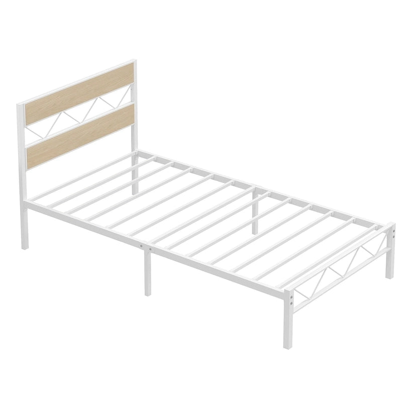 Metal Bed Frame with Brown Wooden Headboard, No Box Spring Needed