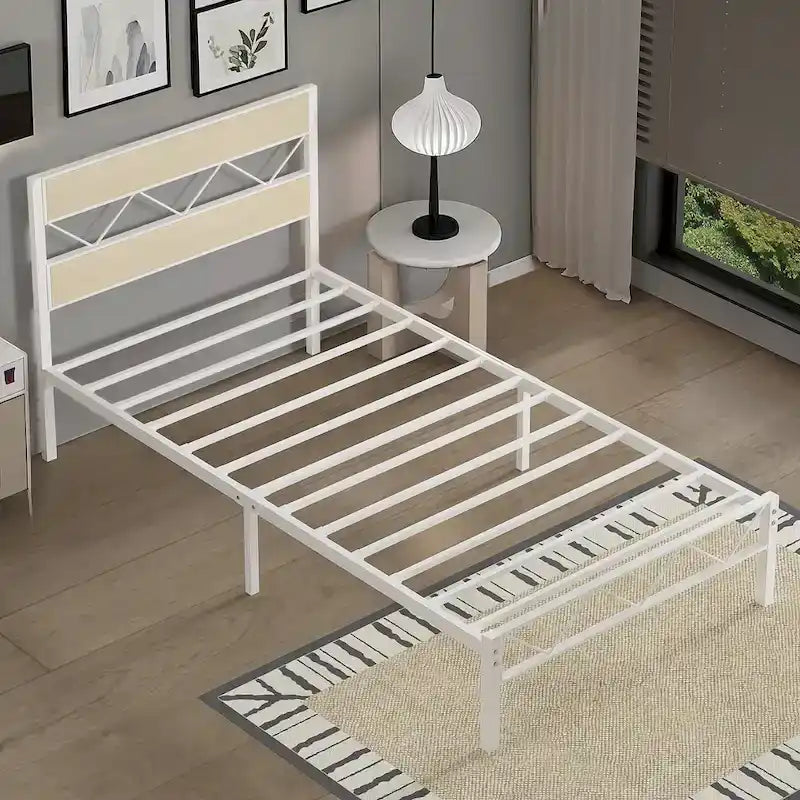 Metal Bed Frame with Brown Wooden Headboard, No Box Spring Needed