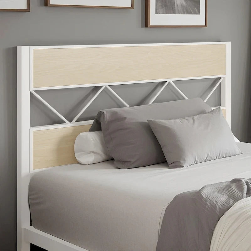Metal Bed Frame with Brown Wooden Headboard, No Box Spring Needed