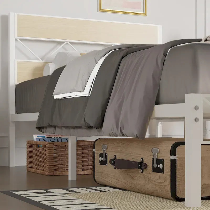 Metal Bed Frame with Brown Wooden Headboard, No Box Spring Needed