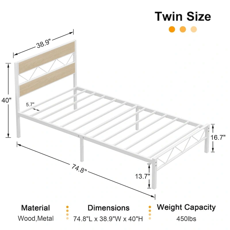 Metal Bed Frame with Brown Wooden Headboard, No Box Spring Needed