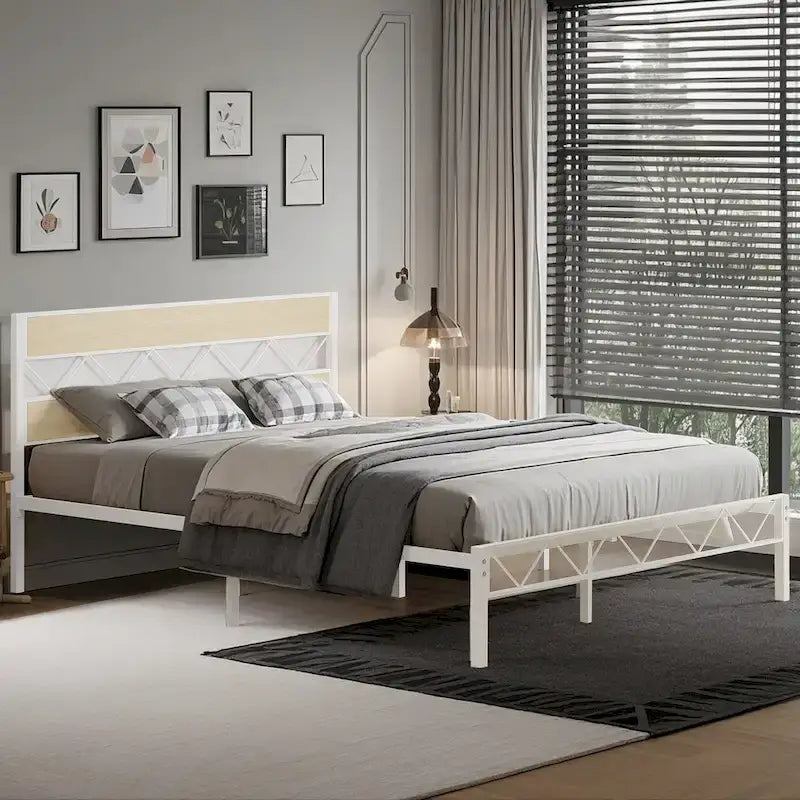 Metal Bed Frame with Brown Wooden Headboard, No Box Spring Needed