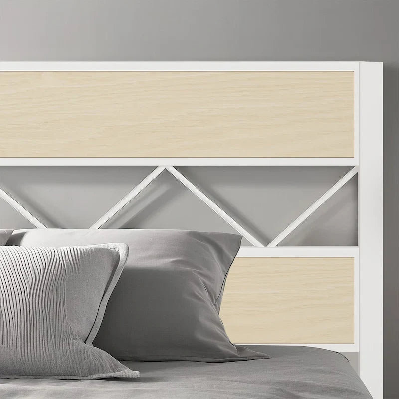Metal Bed Frame with Brown Wooden Headboard, No Box Spring Needed