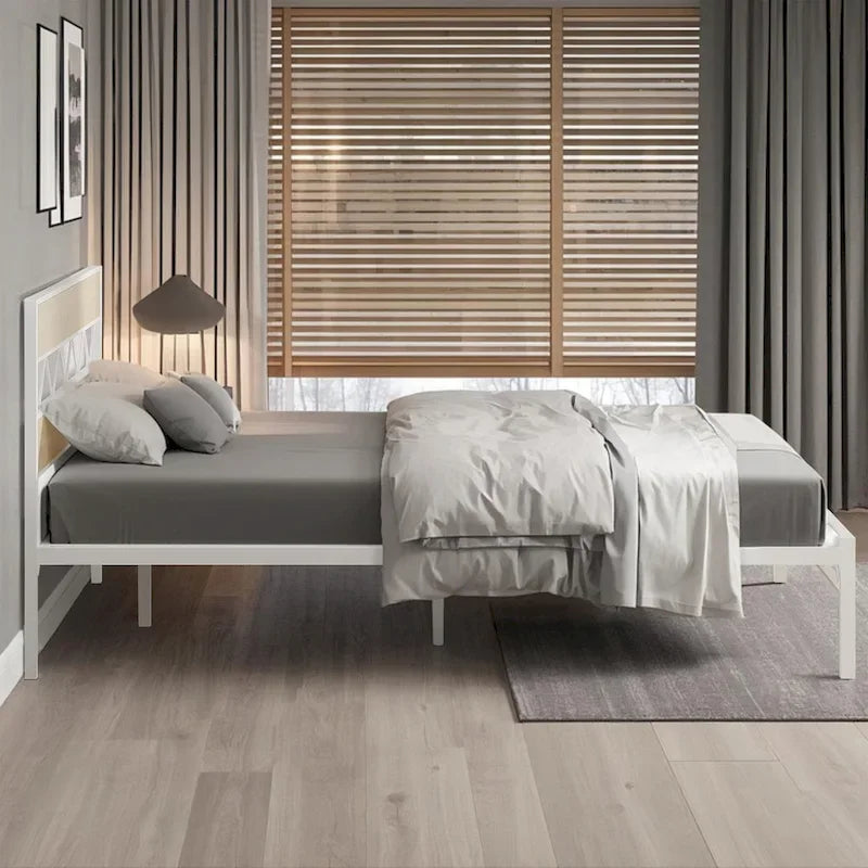 Metal Bed Frame with Brown Wooden Headboard, No Box Spring Needed