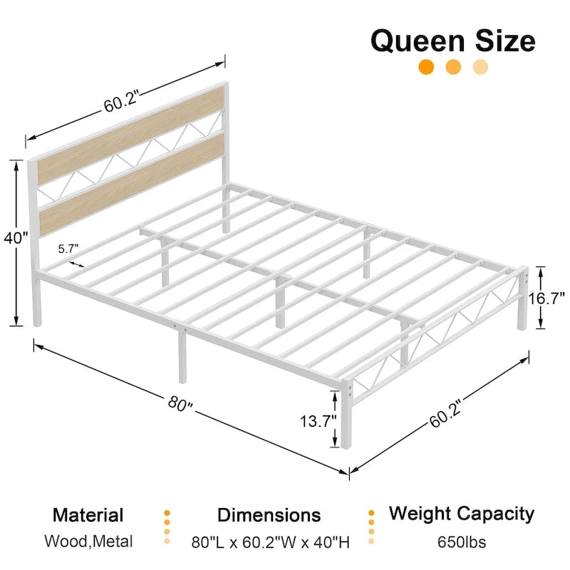 Metal Bed Frame with Brown Wooden Headboard, No Box Spring Needed