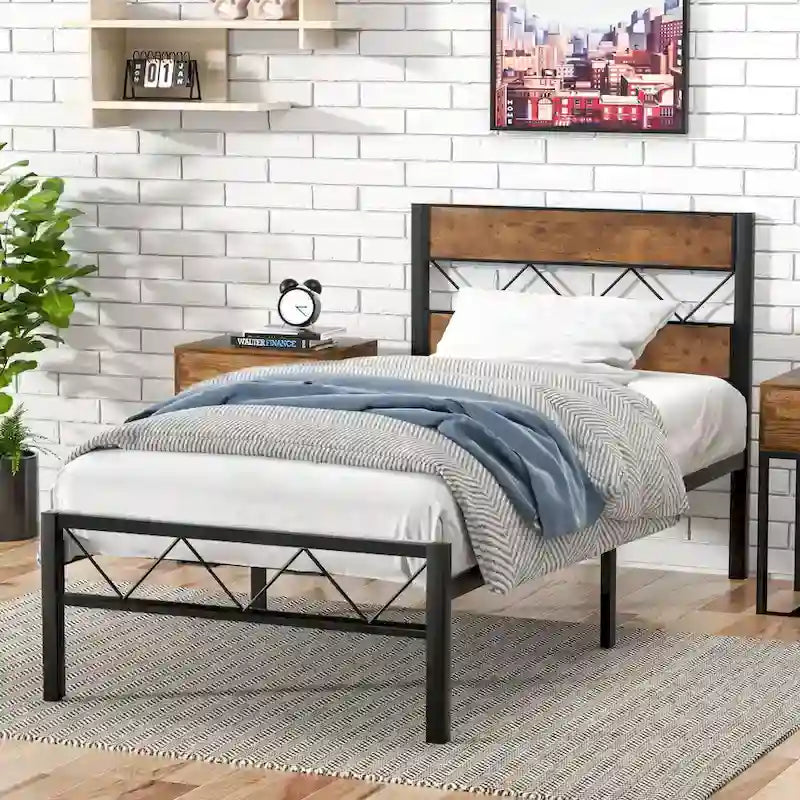 Metal Bed Frame with Brown Wooden Headboard, No Box Spring Needed