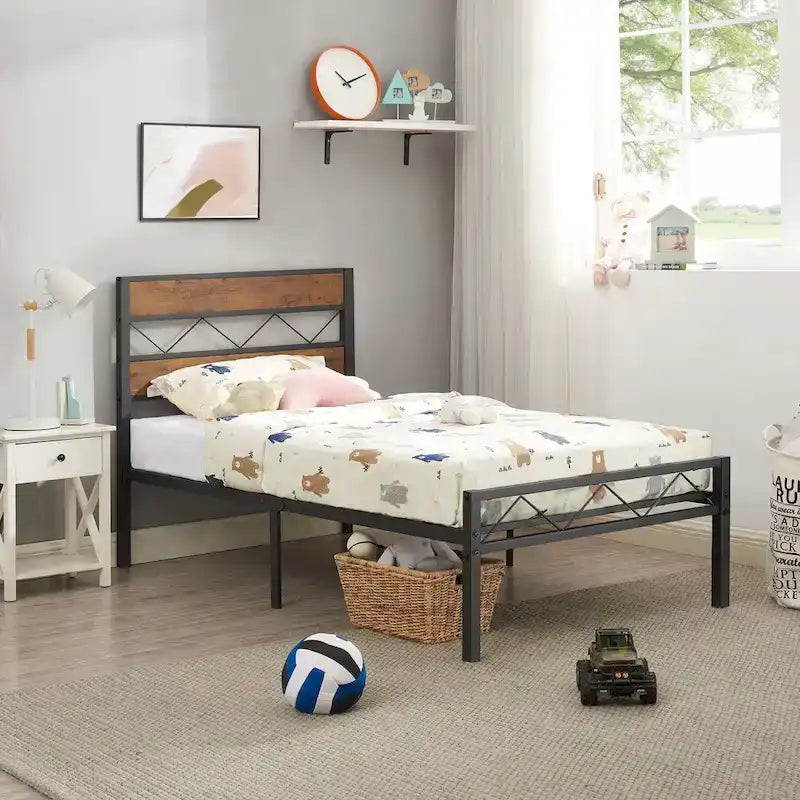Metal Bed Frame with Brown Wooden Headboard, No Box Spring Needed