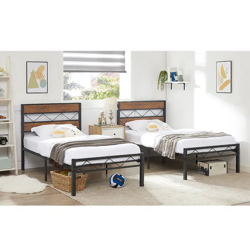 Metal Bed Frame with Brown Wooden Headboard, No Box Spring Needed