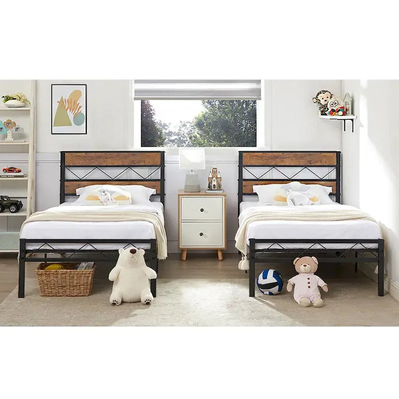 Metal Bed Frame with Brown Wooden Headboard, No Box Spring Needed