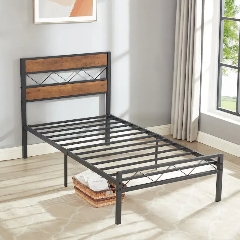 Metal Bed Frame with Brown Wooden Headboard, No Box Spring Needed