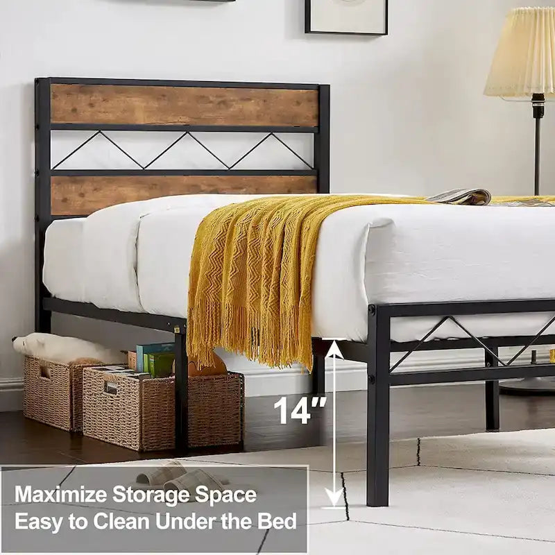 Metal Bed Frame with Brown Wooden Headboard, No Box Spring Needed