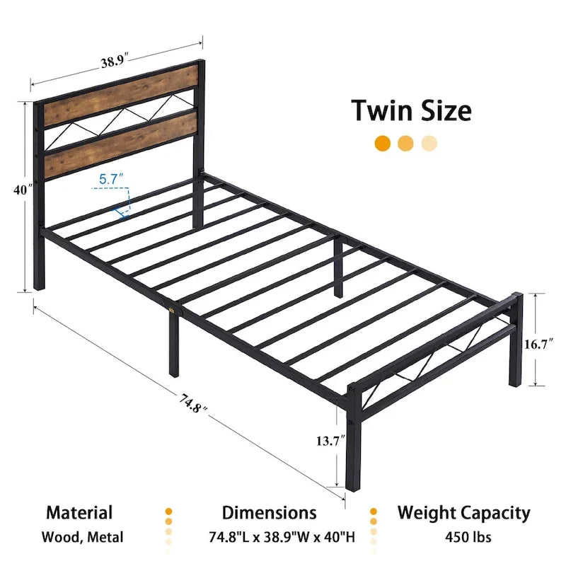 Metal Bed Frame with Brown Wooden Headboard, No Box Spring Needed