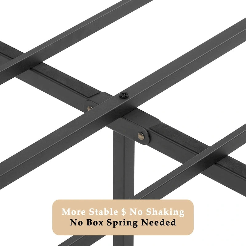 Metal Bed Frame with Brown Wooden Headboard, No Box Spring Needed