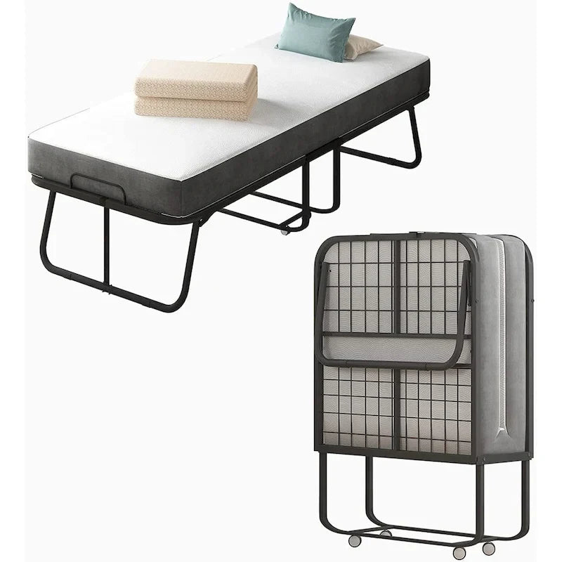 Mixoy Space Saving Foldable Bed with Mattress,Portable Bed with Lockable Wheels