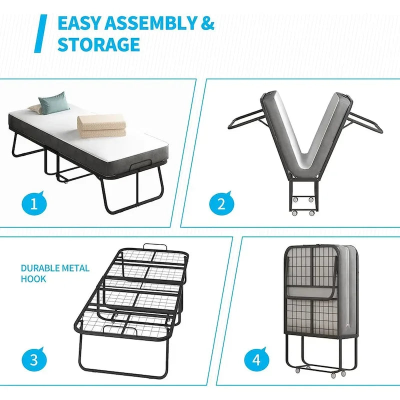 Mixoy Space Saving Foldable Bed with Mattress,Portable Bed with Lockable Wheels