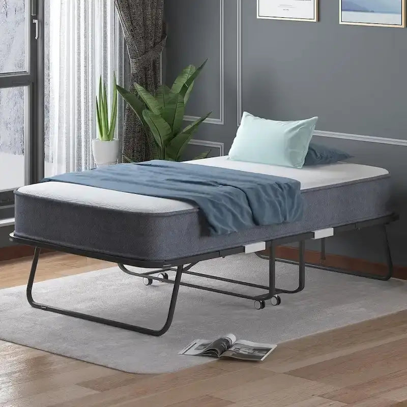 Mixoy Space Saving Foldable Bed with Mattress,Portable Bed with Lockable Wheels