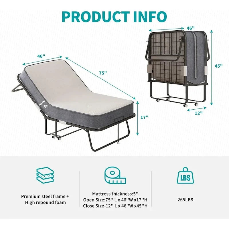 Mixoy Space Saving Foldable Bed with Mattress,Portable Bed with Lockable Wheels