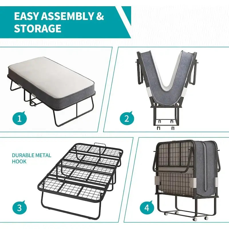 Mixoy Space Saving Foldable Bed with Mattress,Portable Bed with Lockable Wheels