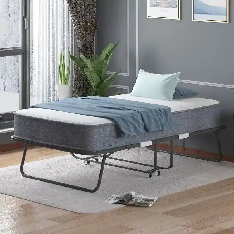 Mixoy Space Saving Foldable Bed with Mattress,Portable Bed with Lockable Wheels