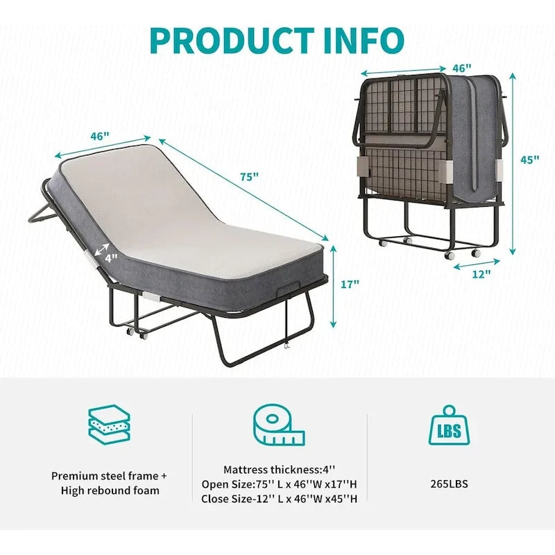 Mixoy Space Saving Foldable Bed with Mattress,Portable Bed with Lockable Wheels