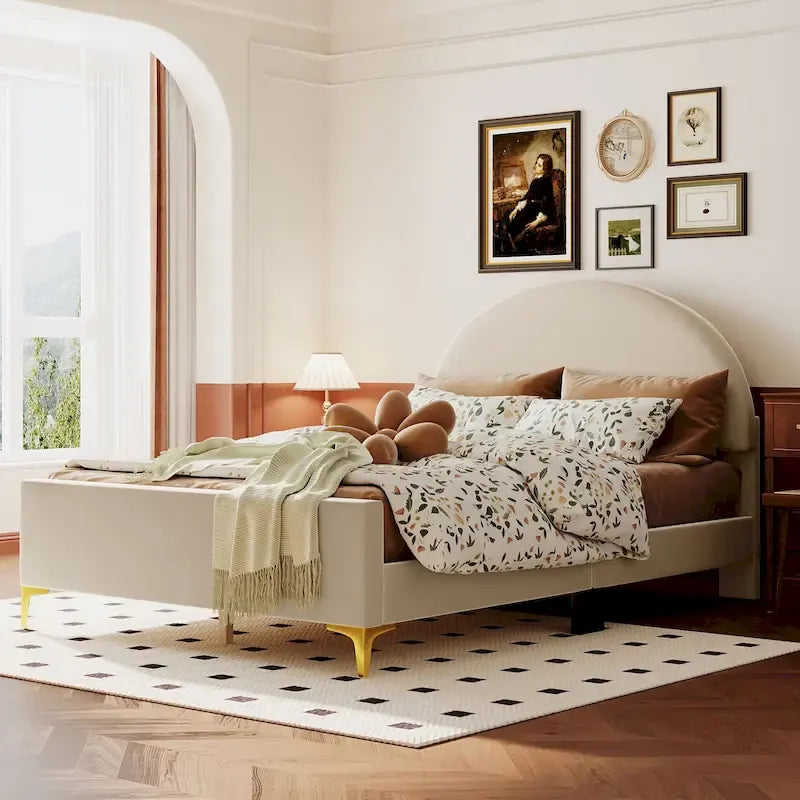 Upholstered Platform Bed with Classic Semi-circle Shaped headboard and Mental Legs