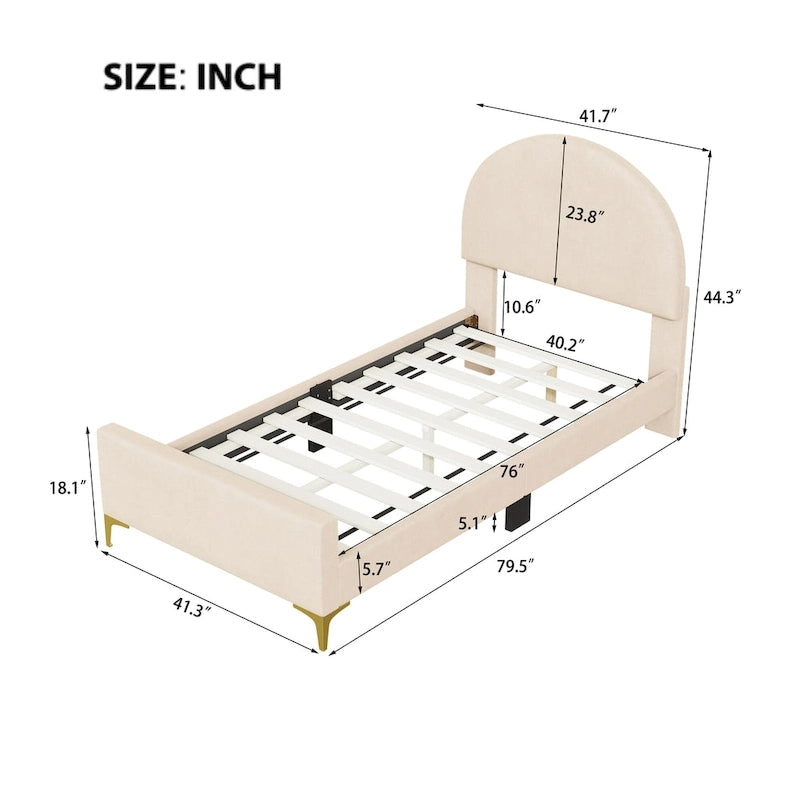 Upholstered Platform Bed with Classic Semi-circle Shaped headboard and Mental Legs