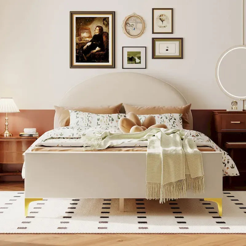 Upholstered Platform Bed with Classic Semi-circle Shaped headboard and Mental Legs