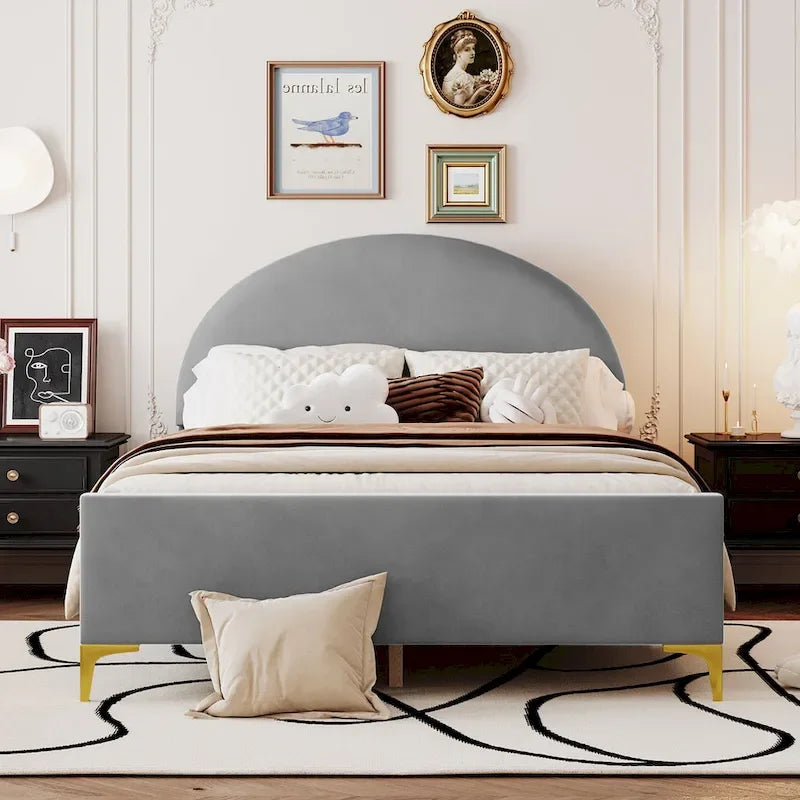 Upholstered Platform Bed with Classic Semi-circle Shaped headboard and Mental Legs
