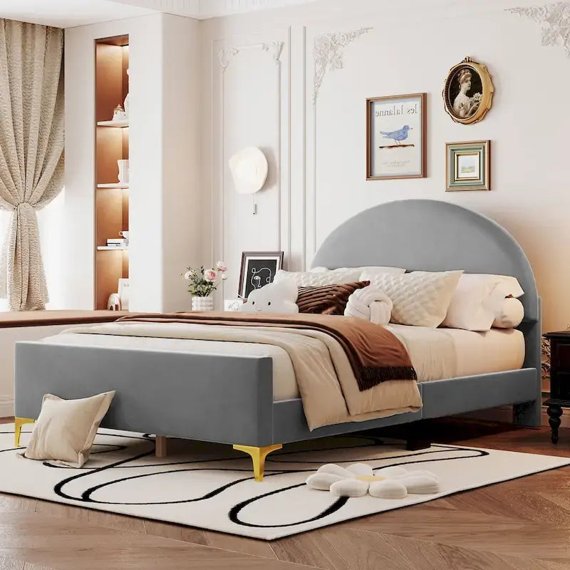 Upholstered Platform Bed with Classic Semi-circle Shaped headboard and Mental Legs